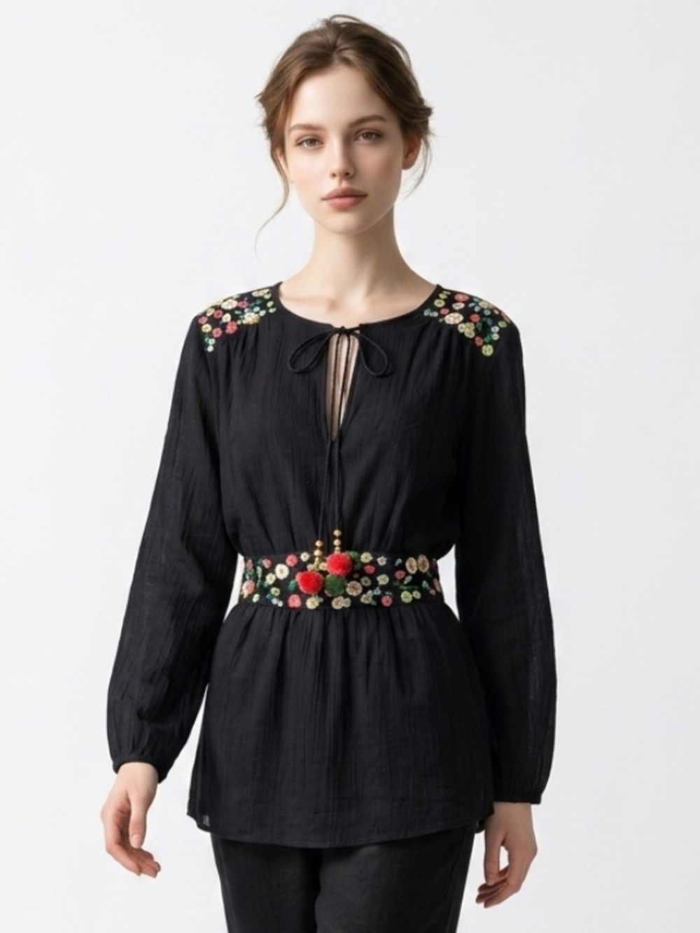 TORY BURCH Fleur Blouse Embroidered Peasant Tunic Black Floral Long Boho